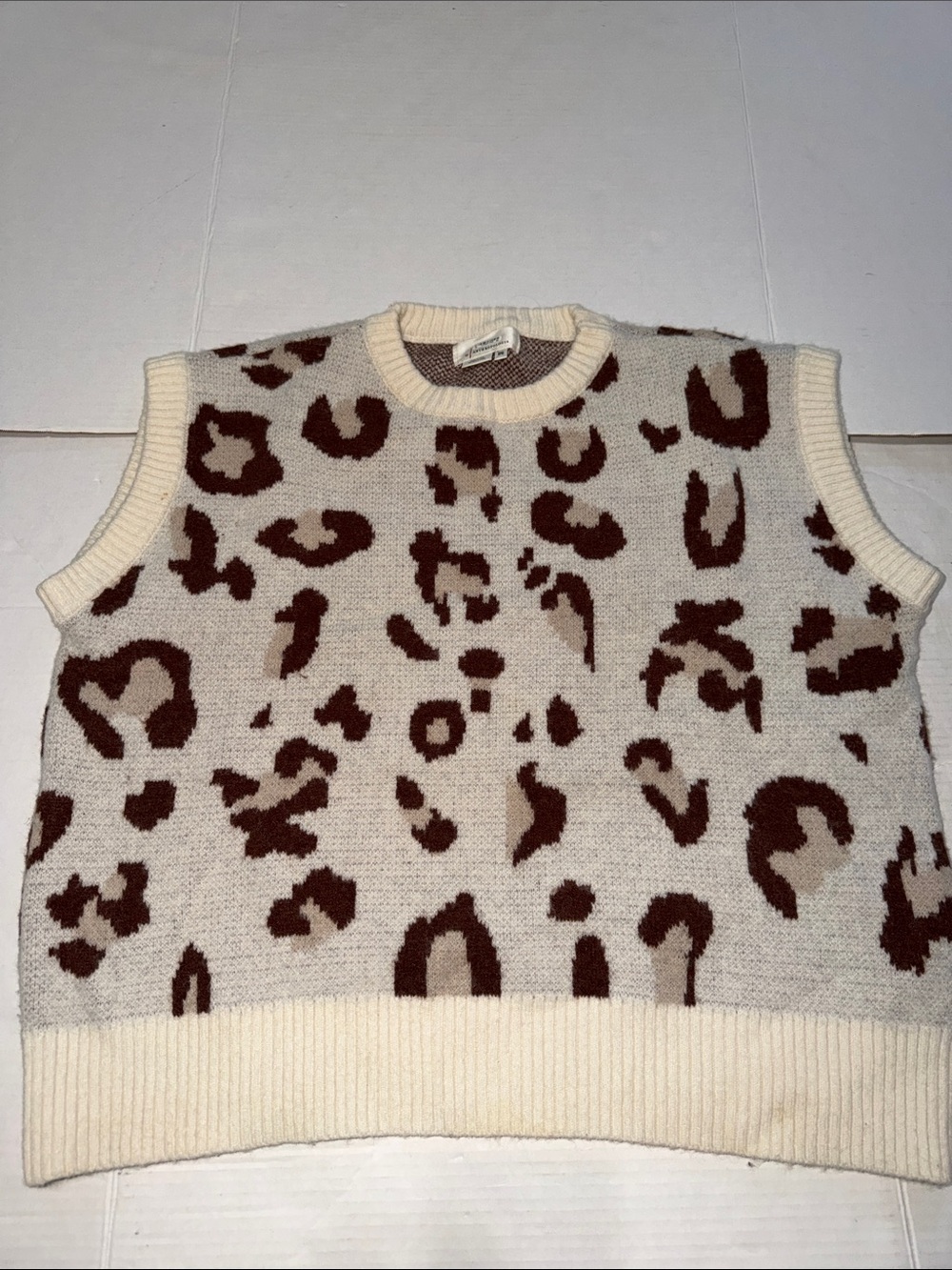 Anthropologie Cream and Brown Leopard-Print Knit Vest